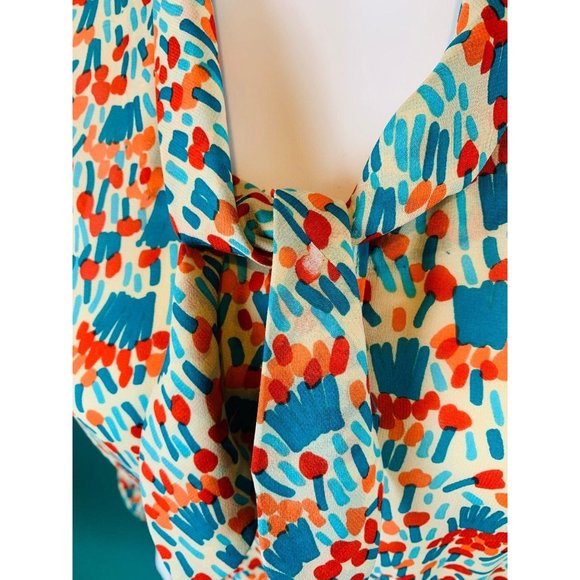 Vintage 1980s Silk Shirtdress Necktie Red Orange Blue Artistic Printed Dress - Picture 9 of 10